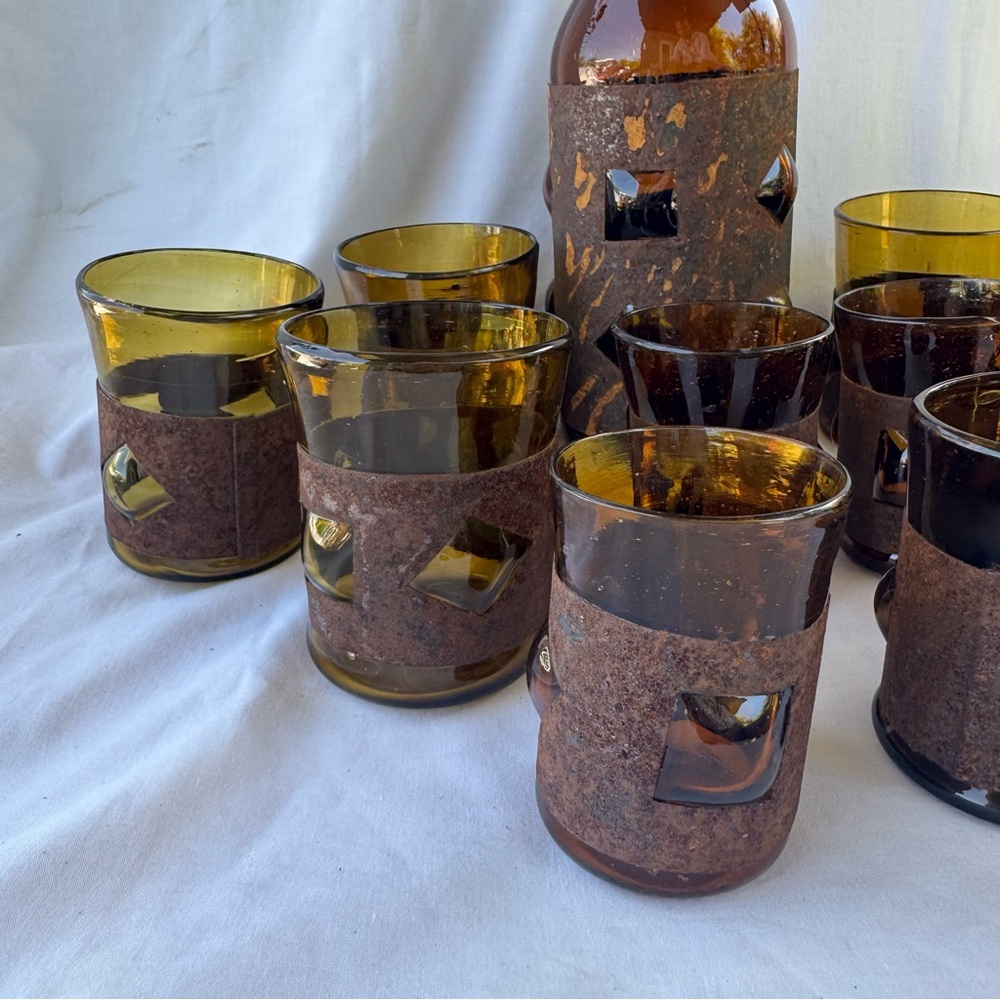 VINTAGE BRUTALIST FELIPE DERFLINGHER IMPRISONED GLASS DECANTER & GLASSES 12PCSET - Picture 2 of 13